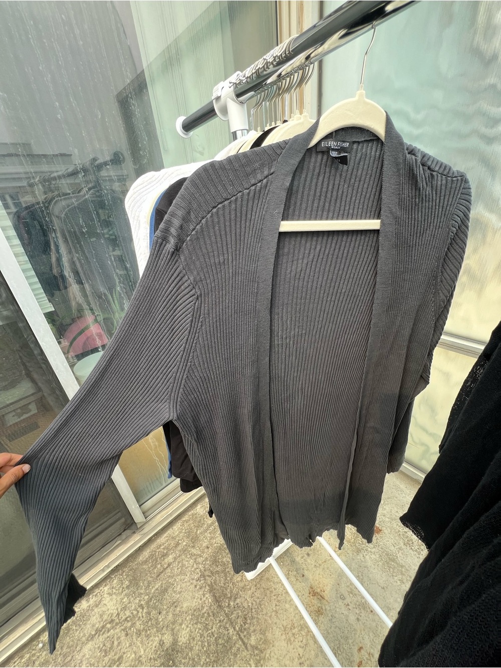 Eileen Fisher Dark Charcoal Ribbed Open-Front Cardigan